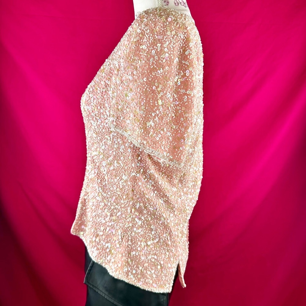 Pink Sequin Date Night Top Vintage Scala Silk Beaded Romantic Valentine Large - Picture 13 of 17
